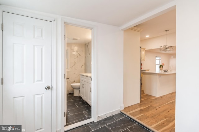 bathroom with hardwood / wood-style floors, vanity, and toilet