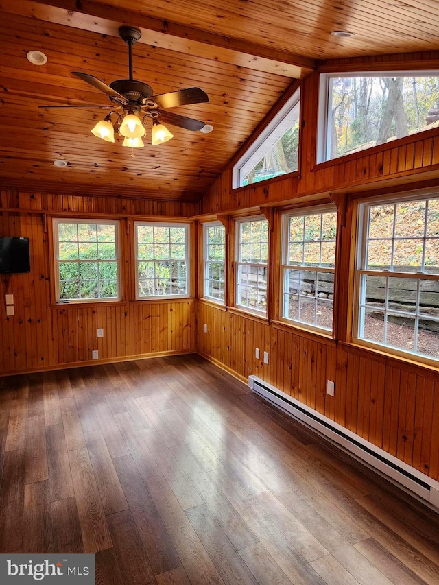 unfurnished sunroom featuring vaulted ceiling with beams, a baseboard radiator, ceiling fan, and wood ceiling