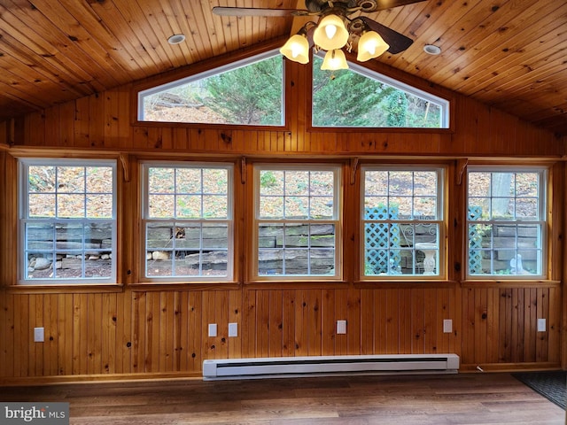 unfurnished sunroom featuring lofted ceiling, ceiling fan, baseboard heating, a wealth of natural light, and wood ceiling