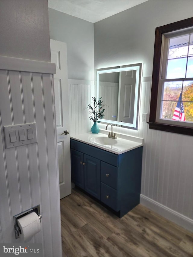 bathroom featuring hardwood / wood-style floors and vanity