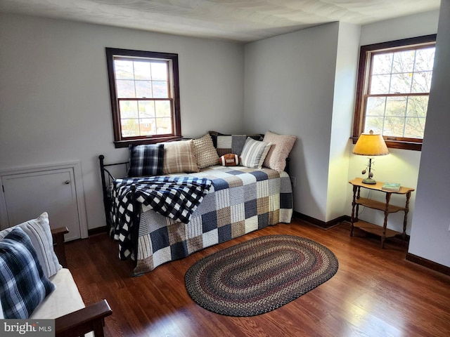 bedroom featuring dark hardwood / wood-style flooring and multiple windows