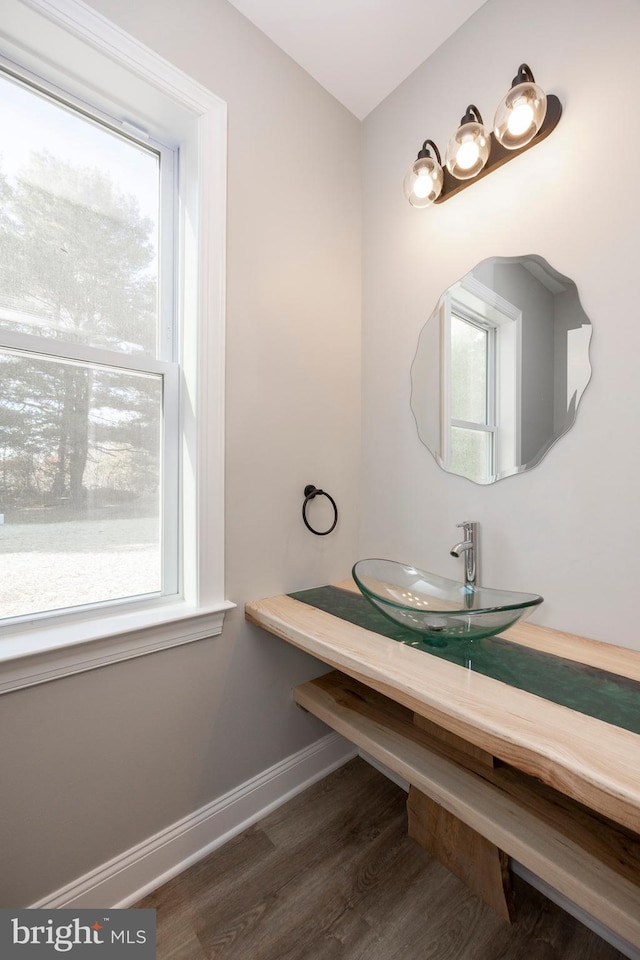 bathroom featuring wood-type flooring, a wealth of natural light, and sink