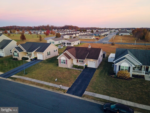 view of aerial view at dusk