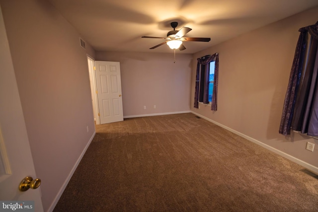 unfurnished bedroom featuring carpet flooring and ceiling fan