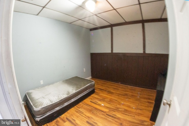 bedroom with wood finished floors and a paneled ceiling