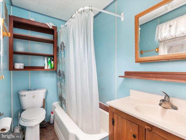 full bathroom featuring shower / bath combination with curtain, vanity, and toilet