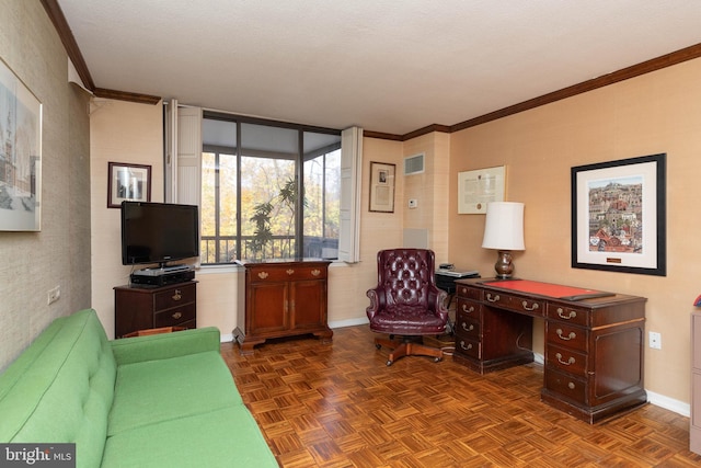 living room with dark parquet floors, ornamental molding, and a textured ceiling