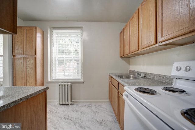 kitchen featuring white range with electric stovetop, radiator, and sink