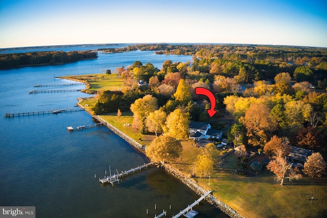 drone / aerial view with a water view