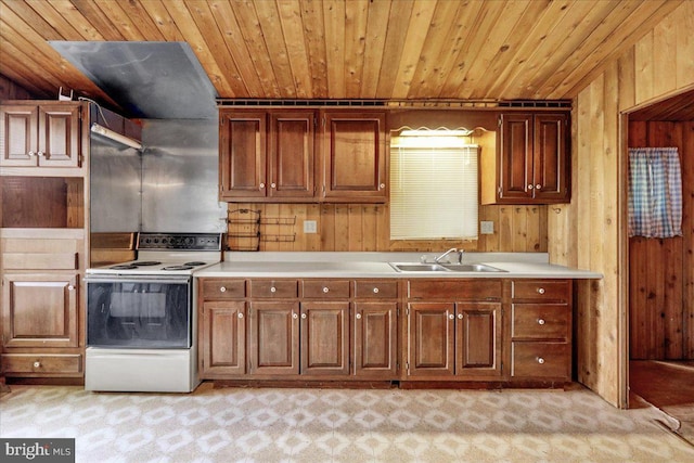 kitchen with white range with electric stovetop, wood ceiling, and sink