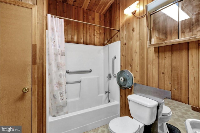 bathroom featuring toilet, shower / bathtub combination with curtain, wooden ceiling, and wood walls