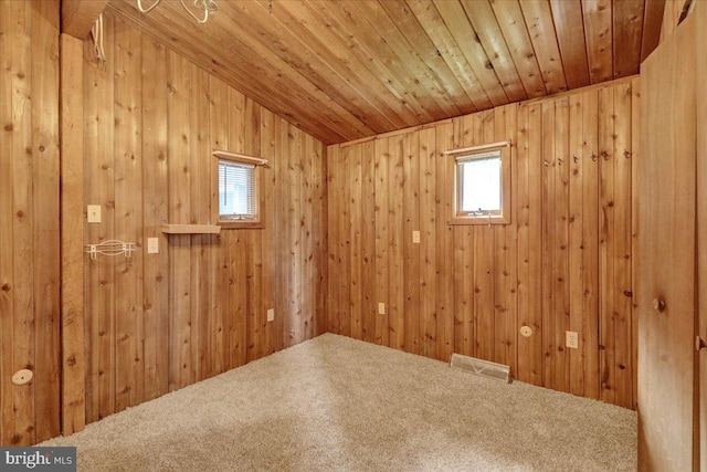 carpeted empty room with wooden walls, wood ceiling, and a wealth of natural light