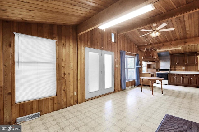 kitchen with white range with electric stovetop, wooden walls, ceiling fan, and wooden ceiling