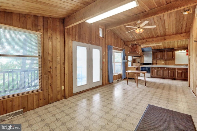 kitchen featuring white range oven, ceiling fan, wooden ceiling, and wood walls