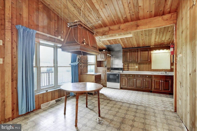 kitchen featuring white range oven, wood walls, sink, and wood ceiling