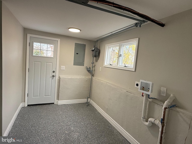 washroom with electric panel, plenty of natural light, hookup for a washing machine, and hookup for an electric dryer