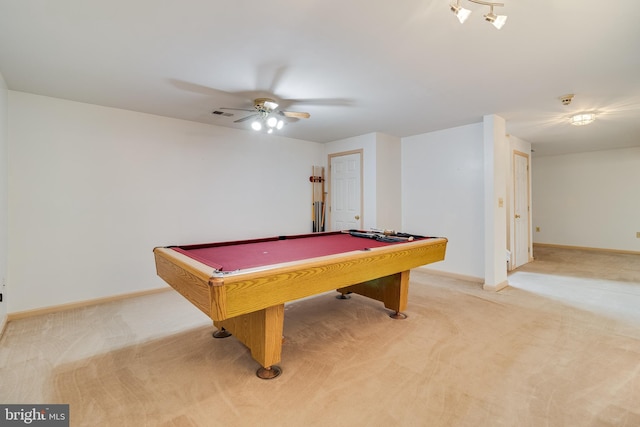 recreation room with light carpet, ceiling fan, and billiards