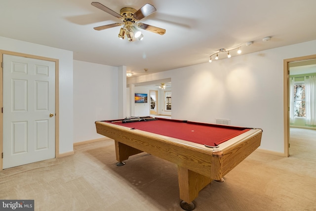 game room with light carpet, ceiling fan, and pool table