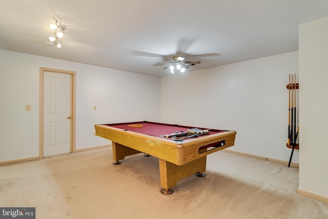 playroom with light carpet, ceiling fan, and billiards