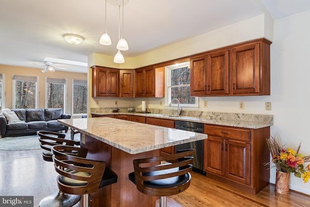 kitchen with stainless steel dishwasher, plenty of natural light, decorative light fixtures, and light hardwood / wood-style flooring