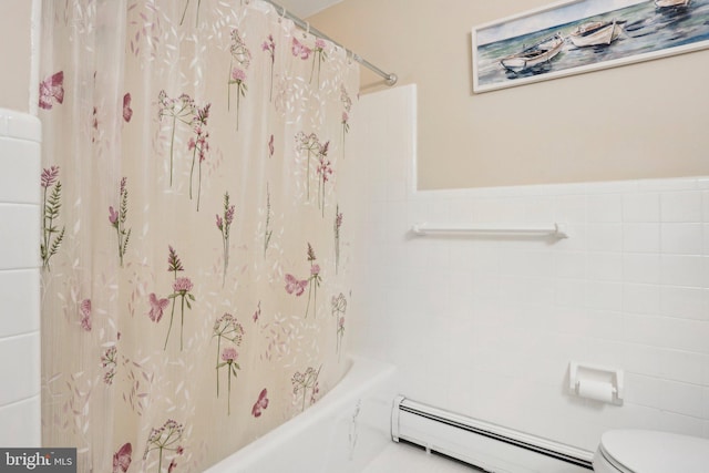 bathroom featuring toilet, shower / tub combo with curtain, tile walls, and a baseboard heating unit