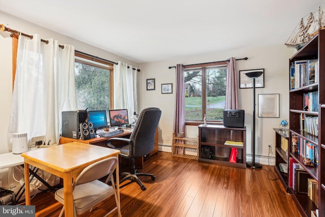 home office featuring a healthy amount of sunlight, wood-type flooring, and baseboard heating