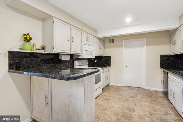 kitchen with decorative backsplash, white cabinetry, kitchen peninsula, and white appliances