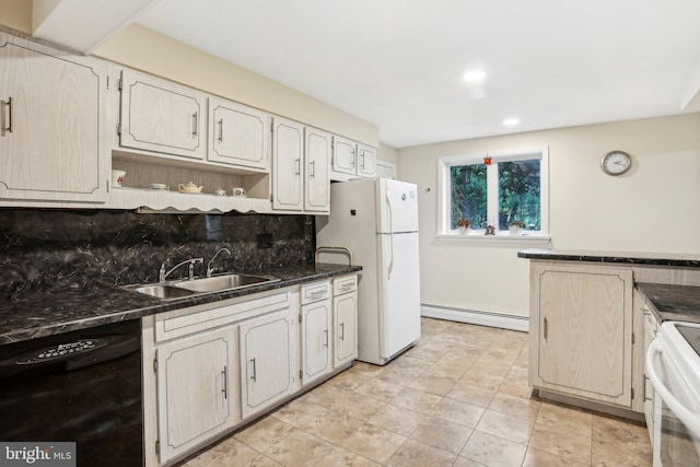 kitchen with sink, tasteful backsplash, a baseboard heating unit, dark stone countertops, and white appliances