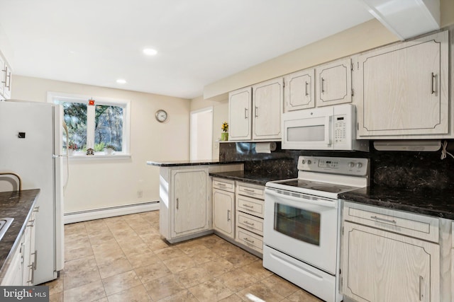 kitchen with kitchen peninsula, tasteful backsplash, dark stone counters, white appliances, and baseboard heating