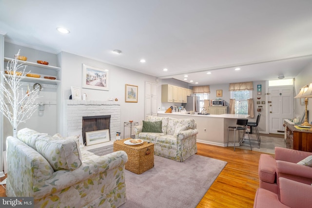 living room featuring a fireplace and light wood-type flooring