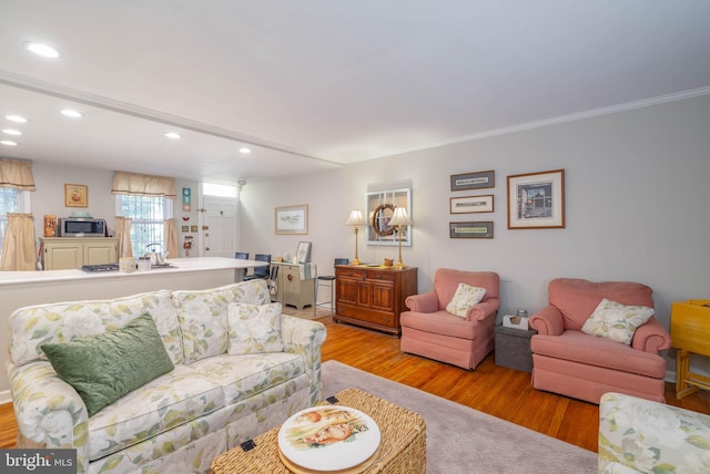 living room featuring light hardwood / wood-style floors and ornamental molding