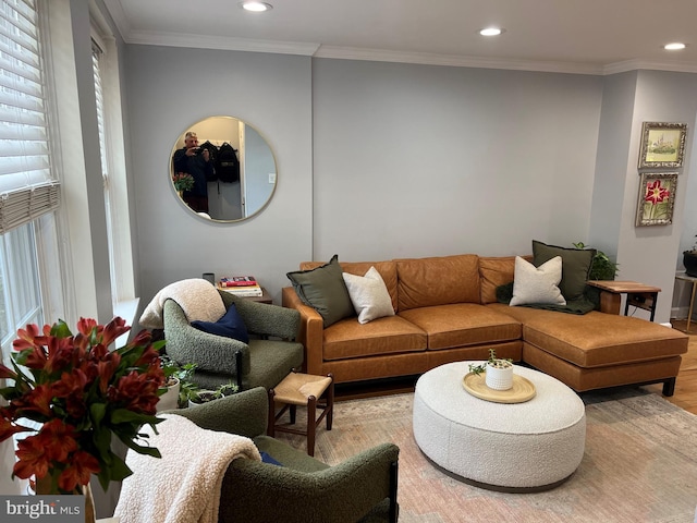 living room with a healthy amount of sunlight, crown molding, and wood-type flooring