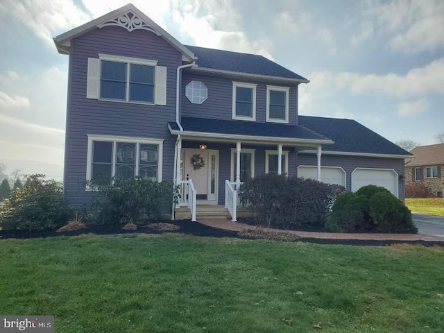 view of front of house with a garage and a front lawn