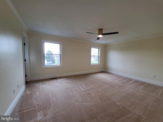 carpeted empty room with plenty of natural light, ceiling fan, and crown molding