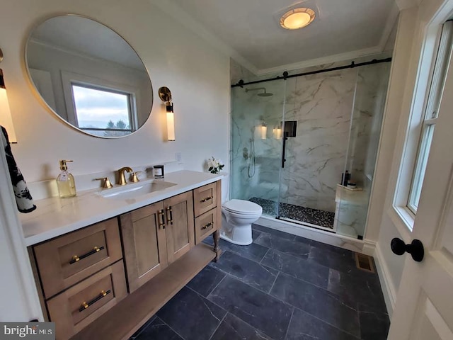 bathroom with crown molding, a shower with door, vanity, and toilet