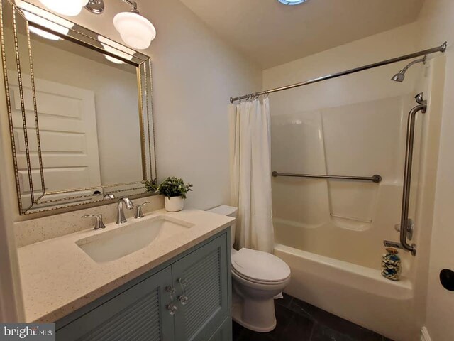 full bathroom with vanity, toilet, and shower / bathtub combination with curtain