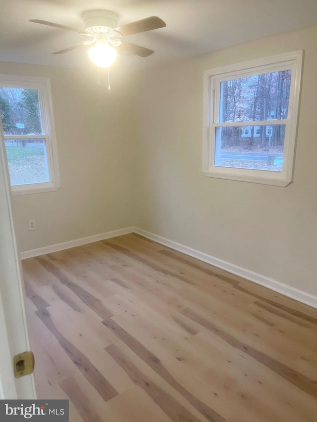 spare room with ceiling fan, light hardwood / wood-style flooring, and a healthy amount of sunlight