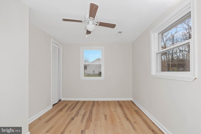 empty room featuring ceiling fan and light wood-type flooring