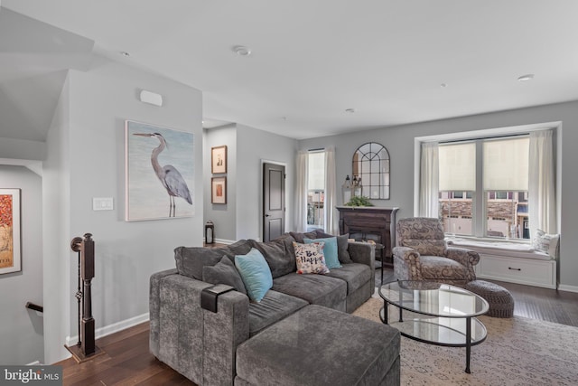 living room with dark wood-type flooring