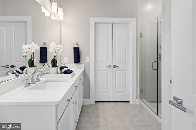 bathroom with vanity, tile patterned floors, and walk in shower