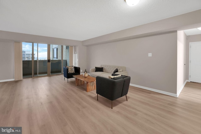 living room featuring a textured ceiling and light hardwood / wood-style flooring