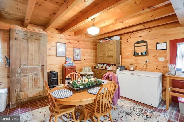 tiled dining room with beamed ceiling, wooden ceiling, and wood walls