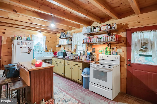 kitchen with wood walls, white appliances, and wood ceiling