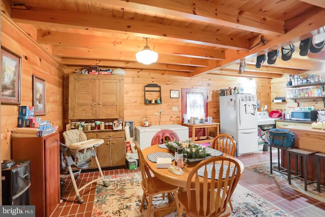 dining space with beam ceiling, wooden walls, and wood ceiling