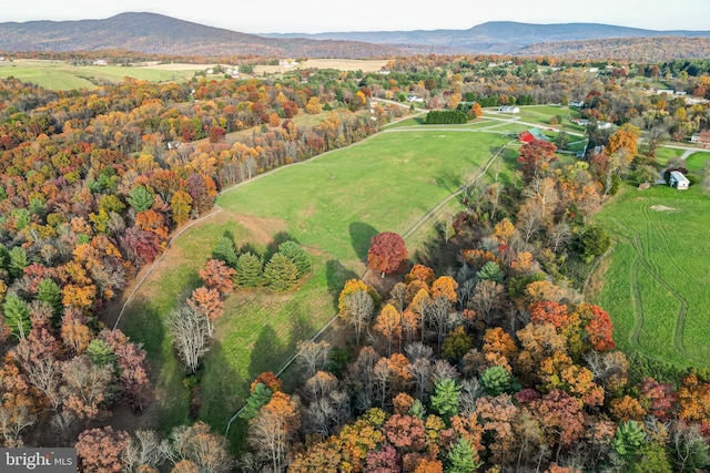 drone / aerial view featuring a mountain view and a rural view