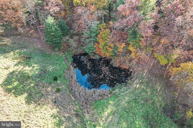 drone / aerial view featuring a water view