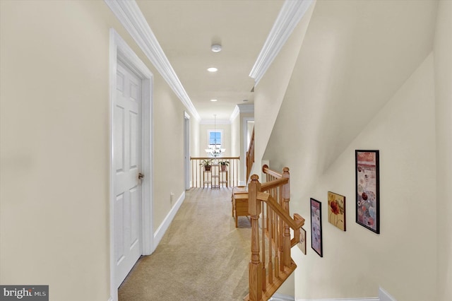 hall with crown molding and light colored carpet