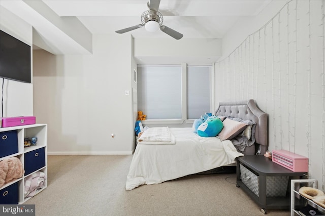 bedroom with ceiling fan and light colored carpet