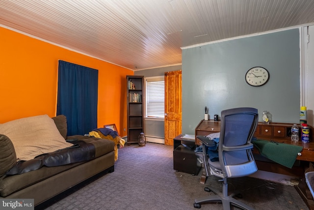 carpeted office space featuring ornamental molding and a baseboard heating unit