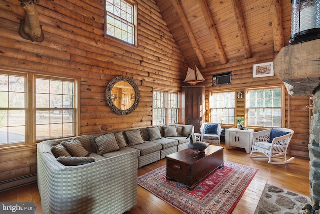 living room featuring hardwood / wood-style floors, wooden ceiling, high vaulted ceiling, rustic walls, and beam ceiling